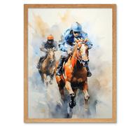 Artery8 Wall Art Print Horseracing Jockeys Racing Horses Action Watercolour Kentucky Derby Grand National Cheltenham Gold Cup Painting Blue Orange Artery8 Light Oak W12" x H16"