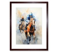 Artery8 Wall Art Print Horseracing Jockeys Racing Horses Action Watercolour Kentucky Derby Grand National Cheltenham Gold Cup Painting Blue Orange Artery8 Brown W7" x H9"