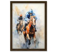 Wall Art Print Horseracing Jockeys Racing Horses Action Watercolour Kentucky Derby Grand National Cheltenham Gold Cup Painting Blue Orange Race Sport Artery8 Brown A4