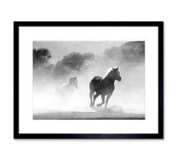 Artery8 Wall Art Print Horses Running Mist Bw Framed 9X7 Inch