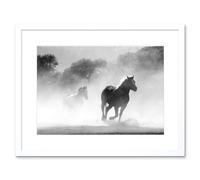 Artery8 Wall Art Print Horses Running Mist BW Framed in White | Size: W7" x H9" Artery8 White W7" x H9"