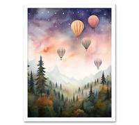 Artery8 Wall Art Print Hot Air Balloons Over Misty Forest Landscape Watercolour Painting Orange Green Purple Dreamy Dusk Sky Stars Kids Bedroom Art Artery8 White W12" x H16"