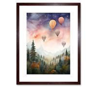 Artery8 Wall Art Print Hot Air Balloons Over Misty Forest Landscape Watercolour Painting Orange Green Purple Dreamy Dusk Sky Stars Kids Bedroom Artery8 Brown W7" x H9"