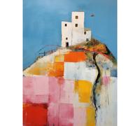 Artery8 Wall Art Print House on the Hill Oil Painting Abstract Geometric Patchwork Palette Knife Pastel Colour Rural Landscape Poster Artery8 Blue W24" x H32"