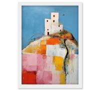 Artery8 Wall Art Print House on the Hill Oil Painting Abstract Geometric Patchwork Palette Knife Pastel Colour Rural Landscape Artwork Framed A4 Artery8 White A4