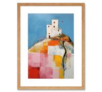 Artery8 Wall Art Print House on the Hill Oil Painting Abstract Geometric Patchwork Palette Knife Pastel Colour Rural Landscape Artwork Framed 9X7 Artery8 Beige W7" x H9"