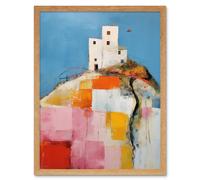 Artery8 Wall Art Print House on the Hill Oil Painting Abstract Geometric Patchwork Palette Knife Pastel Colour Rural Landscape Art Framed Artery8 Light Oak W12" x H16"