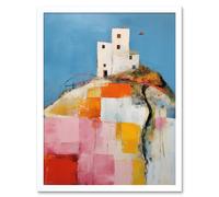 Artery8 Wall Art Print House on the Hill Oil Painting Abstract Geometric Patchwork Palette Knife Pastel Colour Rural Landscape Art Framed Artery8 White W12" x H16"