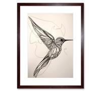 Artery8 Wall Art Print Humming Bird in Flight Line Drawing Portrait Artwork Framed 9X7 Inch in Brown | Size: W7" x H9" Artery8 Brown W7" x H9"