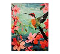 Artery8 Wall Art Print Hummingbird & Pink Hibiscus Flowers Colourful Textile Quilt Design with Spring Blooms Poster in Green | Size: W12" x H16" Artery8 Green W12" x H16"