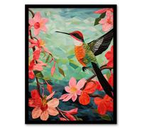 Artery8 Wall Art Print Hummingbird & Pink Hibiscus Flowers Colourful Textile Quilt Design with Spring Blooms Artwork Framed | Size: W12" x H16" Artery8 Green W12" x H16"