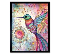 Artery8 Wall Art Print Hummingbird With Mandala Patterns Colourful Folk Art Watercolour Painting Art Framed in Black | Size: W12" x H16" Artery8 Black W12" x H16"