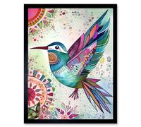 Artery8 Wall Art Print Hummingbird With Multicolour Mandala Patterns Folk Art Watercolour Painting Art Framed in Black | Size: W12" x H16" Artery8 Black W12" x H16"