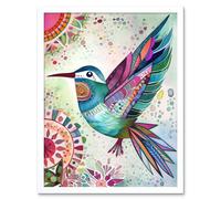 Artery8 Wall Art Print Hummingbird With Multicolour Mandala Patterns Folk Art Watercolour Painting Art Framed in White | Size: W12" x H16" Artery8 White W12" x H16"