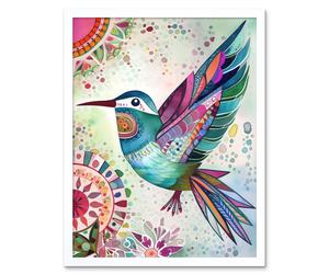 Artery8 Wall Art Print Hummingbird With Multicolour Mandala Patterns Folk Art Watercolour Painting Art Framed in White | Size: W12" x H16" Artery8 White W12" x H16"
