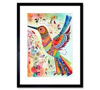 Artery8 Wall Art Print Hummingbird With Multicolour Pattern Feathers Folk Art Watercolour Painting Artwork Framed 9X7 Inch