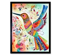 Artery8 Framed Wall Art Hummingbird With Multicolour Pattern Feathers Folk Art Watercolour Painting - 12X16 Inch