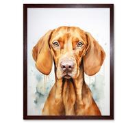 Artery8 Wall Art Print Hungarian Vizsla Dog Soft Watercolour Artwork Golden Rust Teal Bright Portrait Art Framed in Brown | Size: W12" x H16" Artery8 Brown W12" x H16"