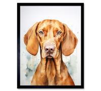 Artery8 Wall Art Print Hungarian Vizsla Dog Soft Watercolour Artwork Golden Rust Teal Bright Portrait Art Framed in Black | Size: W12" x H16" Artery8 Black W12" x H16"