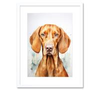 Artery8 Wall Art Print Hungarian Vizsla Dog Soft Watercolour Artwork Golden Rust Teal Bright Portrait Artwork Framed 9X7 Inch | Size: W7" x H9" Artery8 White W7" x H9"