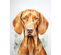 Artery8 Wall Art Print Hungarian Vizsla Dog Soft Watercolour Artwork Golden Rust Teal Bright Portrait Poster in Brown | Size: W12" x H16" Artery8 Brown W12" x H16"