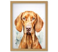 Artery8 Hungarian Vizsla Dog Soft Watercolour Artwork Golden Rust Teal Bright Portrait Artwork Framed Wall Art Print A4