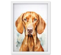 Artery8 Hungarian Vizsla Dog Soft Watercolour Artwork Golden Rust Teal Bright Portrait Artwork Framed Wall Art Print A4