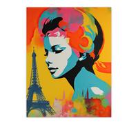 Artery8 Wall Art Print I Left My Heart In Paris Vibrant Painting Retro Woman Portrait With Eiffel Tower Cityscape Poster | Size: W12" x H16" Artery8 Multicolor W12" x H16"