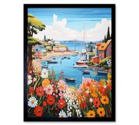 Artery8 Wall Art Print Idyllic Scenic Seaside Fishing Village Bright Oil Painting Orange Pink Blue Bathroom Floral Artwork Harbor Bay Boats Coastal Artery8 Black W12" x H16"