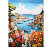 Artery8 Wall Art Print Idyllic Scenic Seaside Fishing Village Bright Oil Painting Orange Pink Blue Bathroom Floral Artwork Harbor Bay Boats Coastal Artery8 Blue W12" x H16"