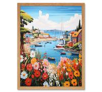 Artery8 Wall Art Print Idyllic Scenic Seaside Fishing Village Bright Oil Painting Orange Pink Blue Bathroom Floral Artwork Harbor Bay Boats Coastal Artery8 Light Oak W12" x H16"