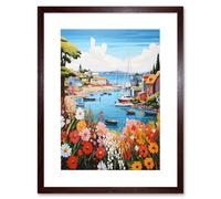 Artery8 Wall Art Print Idyllic Scenic Seaside Fishing Village Bright Oil Painting Orange Pink Blue Bathroom Floral Artwork Harbor Bay Boats Coastal Artery8 Brown W7" x H9"