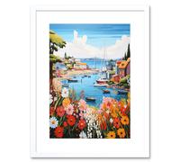 Artery8 Wall Art Print Idyllic Scenic Seaside Fishing Village Bright Oil Painting Orange Pink Blue Bathroom Floral Artwork Harbor Bay Boats Coastal Artery8 White W7" x H9"