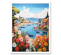 Artery8 Wall Art Print Idyllic Scenic Seaside Fishing Village Bright Oil Painting Orange Pink Blue Bathroom Floral Artwork Harbor Bay Boats Coastal Artery8 White W12" x H16"