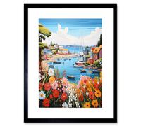 Artery8 Wall Art Print Idyllic Scenic Seaside Fishing Village Bright Oil Painting Orange Pink Blue Bathroom Floral Artwork Harbor Bay Boats Coastal Artery8 Black W7" x H9"