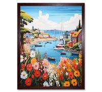 Artery8 Wall Art Print Idyllic Scenic Seaside Fishing Village Bright Oil Painting Orange Pink Blue Bathroom Floral Artwork Harbor Bay Boats Coastal Artery8 Brown W12" x H16"