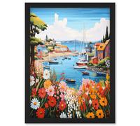 Wall Art Print Idyllic Scenic Seaside Fishing Village Bright Oil Painting Orange Pink Blue Bathroom Floral Artwork Harbor Bay Boats Coastal Landscape Artery8 Black A4