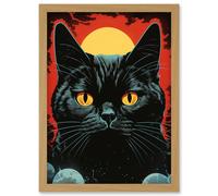 Artery8 In the Shadow of the Celestial Black Cat Vintage Pulp Art Sci-Fi Cover Artwork Red Yellow Blue Solar Eclipse Artwork Framed Wall Art Print A4