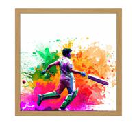 Artery8 Wall Art Print Indian Cricket Batsman Sports Colour Burst Splatter Orange Pink Painting Square Framed Picture 16X16 Inch | Size: W16" x H16" Artery8 Light Oak W16" x H16"