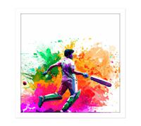 Artery8 Wall Art Print Indian Cricket Batsman Sports Colour Burst Splatter Orange Pink Painting Square Framed Picture 16X16 Inch | Size: W16" x H16" Artery8 White W16" x H16"