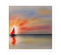 Artery8 Wall Art Print Into The Sunset Watercolour Sailing Red Sail Boat On Calm Sea Square Framed Picture 16X16 Inch in White | Size: W16" x H16" Artery8 White W16" x H16"