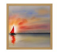 Artery8 Wall Art Print Into The Sunset Watercolour Sailing Red Sail Boat On Calm Sea Square Framed Picture 16X16 Inch in Light Oak | Size: W16" x H16" Artery8 Light Oak W16" x H16"