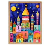 Artery8 Wall Art Print Islamic Cityscape Moonlight Mosque Folk Art Framed in Light Oak | Size: W12" x H16" Artery8 Light Oak W12" x H16"