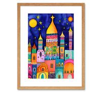 Artery8 Wall Art Print Islamic Cityscape Moonlight Mosque Folk Artwork Framed 9X7 Inch in Beige | Size: W7" x H9" Artery8 Beige W7" x H9"