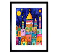 Artery8 Wall Art Print Islamic Cityscape Moonlight Mosque Folk Artwork Framed 9X7 Inch in Black | Size: W7" x H9" Artery8 Black W7" x H9"