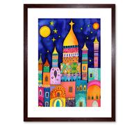 Artery8 Wall Art Print Islamic Cityscape Moonlight Mosque Folk Artwork Framed 9X7 Inch in Brown | Size: W7" x H9" Artery8 Brown W7" x H9"