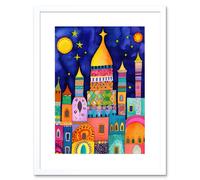 Artery8 Wall Art Print Islamic Cityscape Moonlight Mosque Folk Artwork Framed 9X7 Inch in White | Size: W7" x H9" Artery8 White W7" x H9"