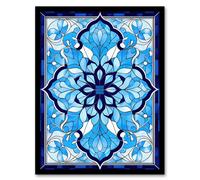 Artery8 Wall Art Print Islamic Vegetal Pattern Blue & White Stained Glass Inspired Geometric Floral Design Artwork Framed | Size: W12" x H16" Artery8 Blue W12" x H16"
