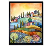 Artery8 Wall Art Print Italian Countryside Midsummer Landscape Folk Art Framed in Black | Size: W12" x H16" Artery8 Black W12" x H16"