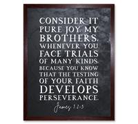 Artery8 Wall Art Print James 1:2-3 The Testing of Your Faith Develops Perserverance Christian Bible Verse Quote Scripture Typography Art Framed Artery8 Brown W12" x H16"